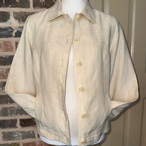 Magaschoni Linen Cropped Button-Front Jacket Shirt Pale Cream Yellow Lined Sz 6 - Picture 5 of 14